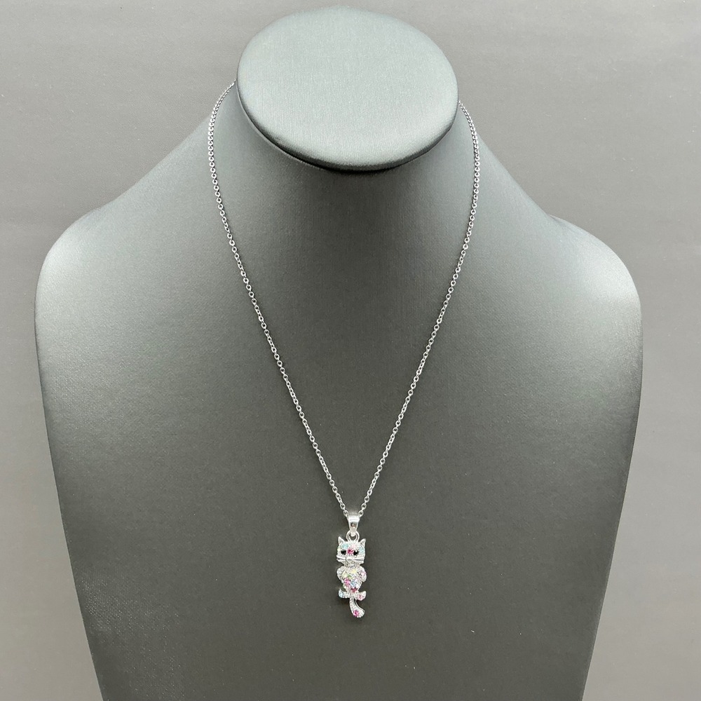 Necklace Womens Silver Tone Multi Color Crystal Rhinestone‎ Cat Kitten Pendant